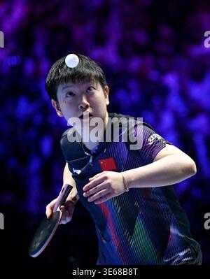 Macao, Chine. 5 avril 2026. Sun Yingsha participe au match de finale en simple féminin entre Sun Yingsha, de Chine, et Wang Manyu, de Chine, à la Coupe du monde masculine et féminine de l'ITTF 2026 à Macao, en Chine, le 5 avril 2026. Crédit : Yu Yang/Xinhua/Alamy Live News Banque D'Images