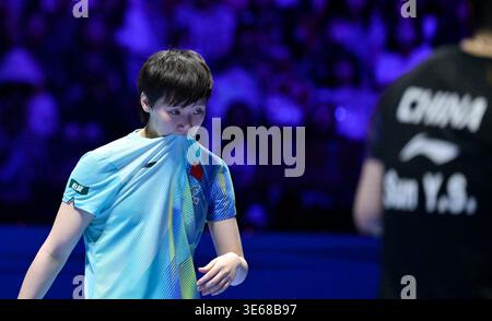 Macao, Chine. 5 avril 2026. Wang Manyu réagit lors de la finale féminine en simple entre Sun Yingsha, de Chine, et Wang Manyu, de Chine, à la Coupe du monde masculine et féminine de l'ITTF 2026 à Macao, Chine, le 5 avril 2026. Crédit : Yu Yang/Xinhua/Alamy Live News Banque D'Images