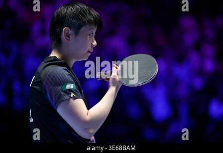 Macao, Chine. 5 avril 2026. Sun Yingsha réagit lors de la finale féminine en simple entre Sun Yingsha de Chine et Wang Manyu de Chine à la Coupe du monde masculine et féminine de l'ITTF 2026 à Macao, Chine, le 5 avril 2026. Crédit : Yu Yang/Xinhua/Alamy Live News Banque D'Images