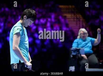 Macao, Chine. 5 avril 2026. Wang Manyu réagit lors de la finale féminine en simple entre Sun Yingsha, de Chine, et Wang Manyu, de Chine, à la Coupe du monde masculine et féminine de l'ITTF 2026 à Macao, Chine, le 5 avril 2026. Crédit : Yu Yang/Xinhua/Alamy Live News Banque D'Images