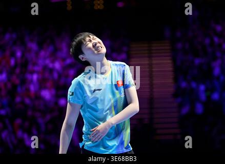 Macao, Chine. 5 avril 2026. Wang Manyu réagit lors de la finale féminine en simple entre Sun Yingsha, de Chine, et Wang Manyu, de Chine, à la Coupe du monde masculine et féminine de l'ITTF 2026 à Macao, Chine, le 5 avril 2026. Crédit : Yu Yang/Xinhua/Alamy Live News Banque D'Images