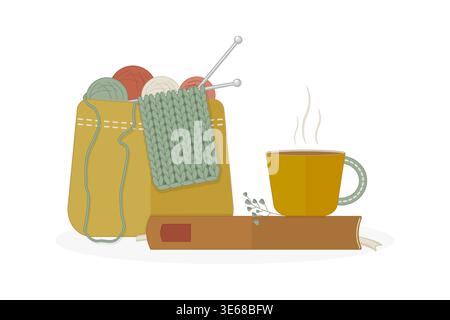 Panier en osier rempli de boules de fil, tricots, livre et tasse vapeur de coffee.Cozy slow living, style de vie, hygge, passe-temps, bricolage et artisanat.Vector Illustration de Vecteur