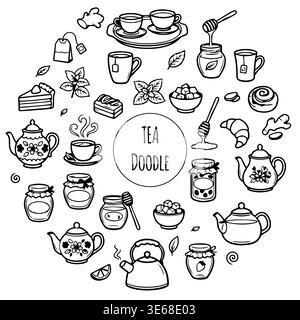 Ensemble thé et café Time Doodle. Icônes de lignes noires dessinées à la main de théières, tasses et épices Illustration de Vecteur