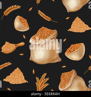 Aquarelle modèle sans couture avec blé et grains. Sacs et bols de céréales, épis de blé. Parfait pour les boulangeries, les emballages et les marques agricoles. Dessiner à la main Banque D'Images