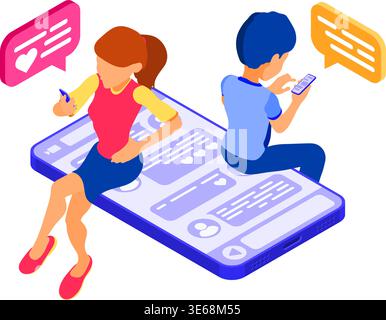 isométrique guy et fille chat dans les réseaux sociaux envoyer des messages photos selfie appel à l'aide de smartphone. Relations virtuelles d'amitié datant en ligne. adolescent Illustration de Vecteur