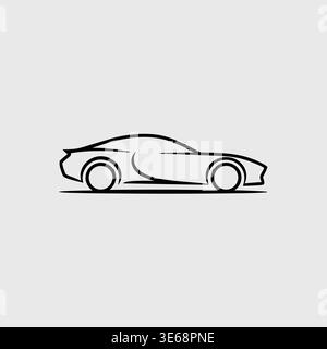 Un contour noir simple d'une voiture de sport moderne sur un fond gris, mettant en valeur un design minimaliste et épuré. Parfait pour la conception automobile et l'illust Illustration de Vecteur