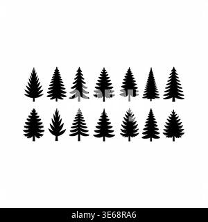 Une collection de silhouettes d'arbres à feuilles persistantes, divers motifs, disposés en deux rangées sur un fond blanc ; éléments de conception de Noël. Illustration de Vecteur
