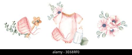 Ensemble de pépinière de bébé fille aquarelle avec vêtements, jouets, bouteille de lait et bouquets floraux dans des couleurs pastel douces. Illustration aquarelle peinte à la main Banque D'Images