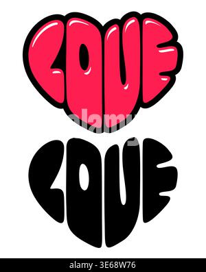 Texte comique « Love » groovy en forme de coeur. Logo design, couleur et version noir et blanc. Illustration clipart vectorielle isolée. Illustration de Vecteur
