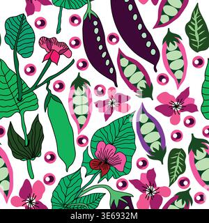 gousses de pois cassés violets et verts avec des fleurs et des feuilles roses et des graines de pois roses, motif sans couture. Idéal pour le tissu, le textile, l'emballage, la décoration. Illustration de Vecteur