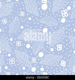 Motif sans couture avec des coquillages en ligne et des éléments floraux abstraits sur un fond bleu clair. Idéal pour textile, tissu, emballage, décorations. Illustration de Vecteur