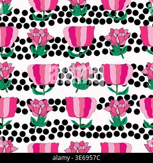 Un magnifique motif sans couture présentant des fleurs roses abstraites avec des pois. Idéal pour les textiles, les papiers peints, les emballages cadeaux et le design numérique. Illustration de Vecteur