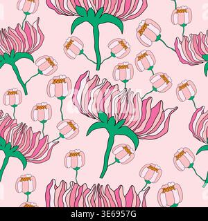 fleurs roses avec boutons floraux sur fond rose clair motif sans couture. grandes fleurs roses colorées avec boutons sur motif sans couture rose orange clair. Illustration de Vecteur