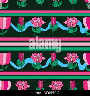 Un motif floral sans couture mettant en scène des fleurs et des boutons roses accompagnés d'un feuillage vert et de rayures subtiles. Idéal pour les tissus, les carreaux, les décorations et plus encore. Illustration de Vecteur