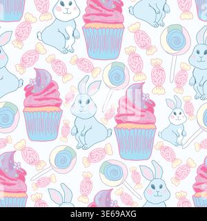 Motif de Pâques sans couture avec lapins mignons, sucettes, cupcakes et bonbons dans des couleurs pastel douces. Conception ludique de répétition de printemps parfaite pour les textiles. Illustration de Vecteur