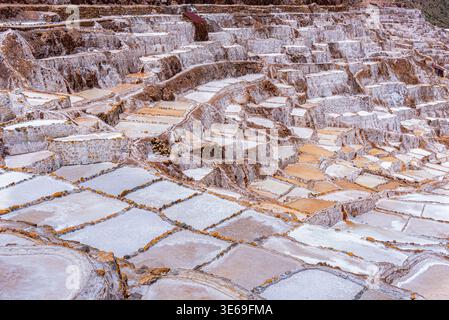 Vue détaillée des étangs d'évaporation de sel en terrasses de Maras, un site historique Inca dans la Vallée sacrée de la région de Cusco, Pérou. Banque D'Images
