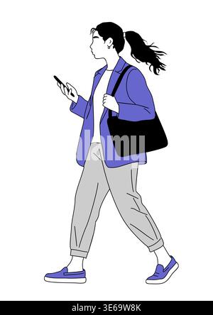 Jeune femme marche avec le téléphone à la main Illustration de Vecteur