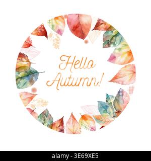 Cadre rond avec feuilles d'automne aquarelle. Bonjour l'automne. Dessiné à la main. Pas ai, illustration vectorielle. Illustration de Vecteur