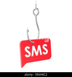 Hameçon avec message SMS. Concept de marketing mobile, attaque de phishing, message spam. rendu 3d isolé sur fond blanc Banque D'Images