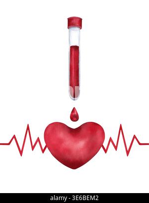 Aquarelle illustration tube à essai médical avec du sang. Une goutte rouge tombe sur le symbole du cœur humain avec une ligne de cardiogramme. Pour la cardiologie, le sang Banque D'Images