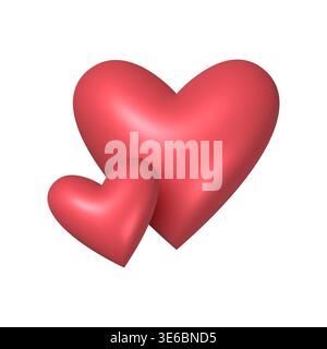icône de vecteur 3d de deux cœurs rouges mignons, grands et petits. Symbole d'amour réaliste de la Saint-Valentin Illustration de Vecteur