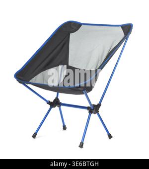 Chaise pliante de camping bleue isolée sur blanc Banque D'Images