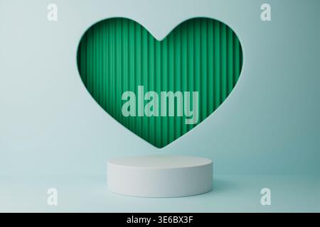 Mur en forme de coeur vert avec podium blanc pour l'affichage de la nature Banque D'Images