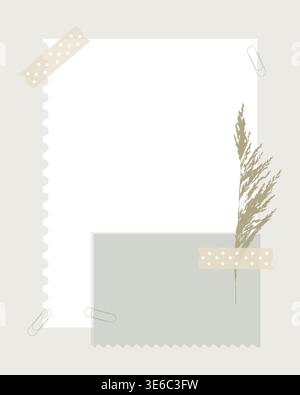 Modèle de scrapbook minimaliste avec feuilles de papier, ruban washi, trombones et branche d'herbe de pampa séchée pour les publications sur les médias sociaux, les moodboards et la journalisation numérique. Illustration vectorielle Illustration de Vecteur