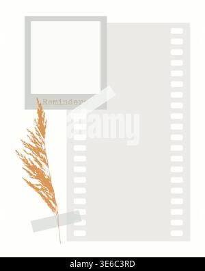 Modèle de scrapbook minimaliste avec cadre de film, bande de film, ruban washi et branche d'herbe de pampas séchée pour les publications de médias sociaux, les moodboards et la journalisation numérique. Illustration vectorielle Illustration de Vecteur