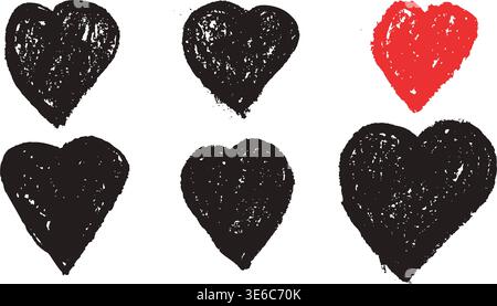 Ensemble crayon coeur avec texture grunge en noir pour carte de saint-valentin. Cœur crayeux dans un croquis de fusain et silhouette rouge dessinée. Brosse à encre vectorielle amour Illustration de Vecteur