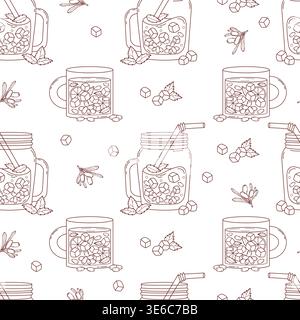 Tasse de thé glacé à boire à l'argousier et motif sans couture de citron en pot Mason. Alignez des verres à cocktail avec des baies, de la menthe, du citron et des cubes de glace sur le dos blanc Illustration de Vecteur