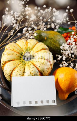 Nature morte de vacances d'automne avec du papier blanc, des citrouilles sur une assiette vieillie avec un espace de copie. Carte d'action de grâce joyeuse Banque D'Images