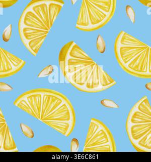 Citron. Motif aquarelle sans couture avec des quartiers de citron dessinés à la main et des graines. Illustration botanique d'été dessinée à la main est parfaite pour le tissu, le papier peint, Banque D'Images