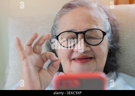 Une femme âgée joyeuse dans des lunettes parlant par appel vidéo avec son téléphone dans un salon confortable, exprimant le bonheur et la conversation. Gros plan, selec Banque D'Images