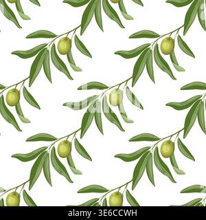 Modèle sans couture de vecteur de branche d'olivier. Bande diagonale dessinée à la main avec feuille verte sur fond blanc. Design floral botanique pour emballages alimentaires italiens. Impression de cuisine pour papier peint et tissu. Illustration de Vecteur