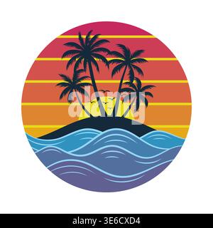 Illustration vectorielle plate d'une île tropicale avec des palmiers, des vagues de l'océan et des rayures de coucher de soleil. Idéal pour les logos, les marques de voyage et les designs d'été Illustration de Vecteur