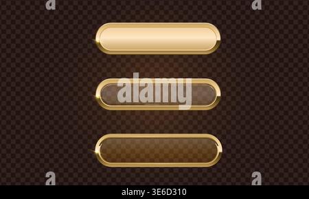 Cadre de bouton en or et badge 3D en verre, icône rectangulaire avec bouton doré aux coins arrondis sur fond sombre, panneau de signalisation Premium pour la conception d'interface utilisateur Web Illustration de Vecteur