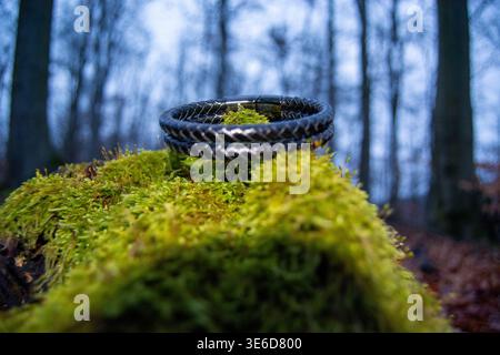 Gros plan d'un bracelet noir tressé reposant sur une mousse verte vibrante dans un cadre forestier, avec des arbres flous en arrière-plan Banque D'Images