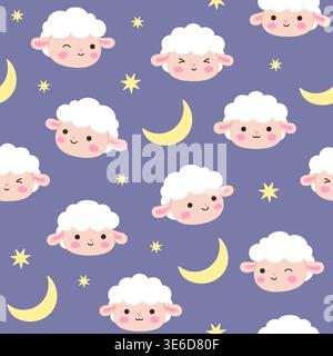 Mignon visage de mouton kawaii modèle sans couture avec croissant de lune et étoiles sur illustration vectorielle de fond de nuit violette Illustration de Vecteur