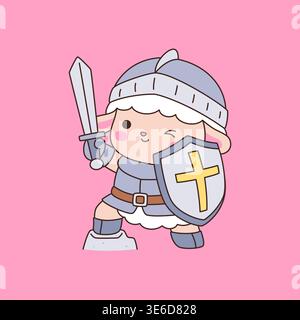 Mignon chevalier kawaii chevalier personnage de dessin animé soulevant l'épée tout en se tenant sur la colline rocheuse sur fond rose Illustration de Vecteur
