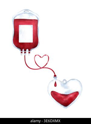 Illustration médicale montrant deux poches de sang IV reliées par un tube en plastique formant une forme de coeur. Symbole de sauvetage, transfusion sanguine, don et Banque D'Images