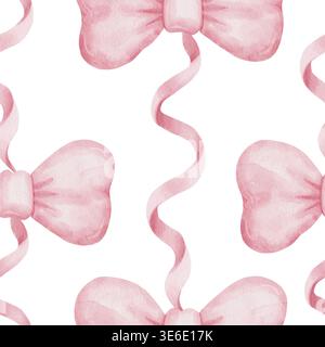 Motif aquarelle sans couture avec des noeuds délicats en ruban rose avec des banderoles ondulées, parfait pour le papier peint de pépinière, l'emballage cadeau féminin et les arrière-plans de papeterie de mariage Banque D'Images