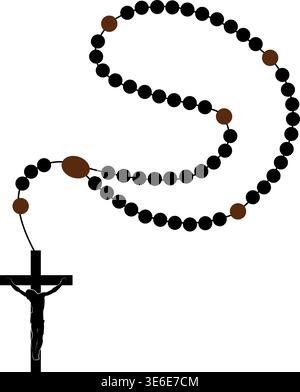 Chapelet catholique en bois brun. Croix. Collier Rosaire. Chapelet perlé. Prière du Rosaire Illustration de Vecteur