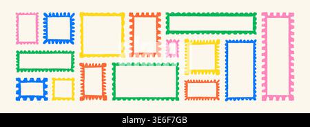 Ensemble de cadres de timbres-poste enfantins à crayons. Dessiné à la main Doodle enfantin coloré funky bord festonné bordures ondulées. Carré, rectangle, photo d'enfant, Illustration de Vecteur