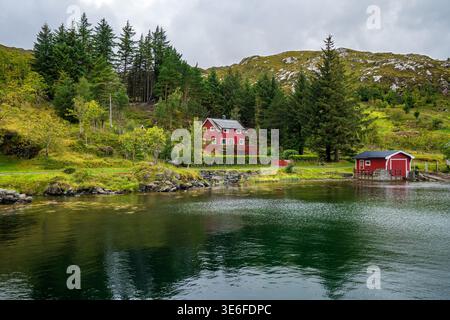 Vue pittoresque sur une maison norvégienne rouge typique et son hangar à bateaux surplombant un fjord calme. La scène est nichée dans une forêt de conifères luxuriante sous un Banque D'Images