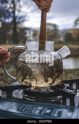 Une scène extérieure calme et sereine avec tisane brassée dans une belle théière en verre sous la nature Banque D'Images
