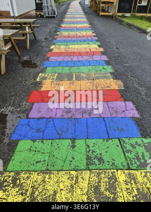 Seydisfjordur, Islande - 23.June 2022: La célèbre route arc-en-ciel de Seydisfjordur avec des bâtiments islandais autour de l'exposition des œuvres d'art peint des murs Banque D'Images