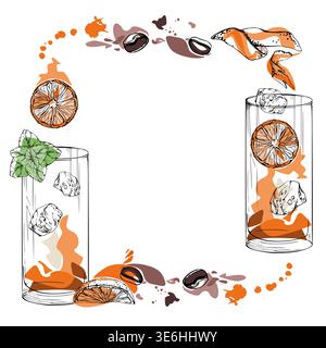 Cadre de thé glacé Highball long Island garni, cocktails de jus dans des tons orange mélangés. Grains de café, écorces d'agrumes, feuilles de menthe. Dessiné à la main à l'encre pour Illustration de Vecteur