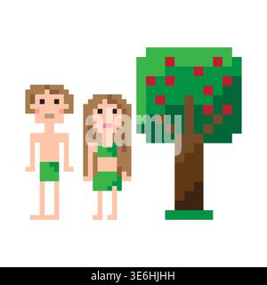 Scène de jardin d'Eden. Adam et Eve arbre vecteur. Style de nature pixel. Concept d'histoire biblique. Vecteur manuel uniquement. Aucun tracé automatique utilisé. SPE 10. Illustration de Vecteur