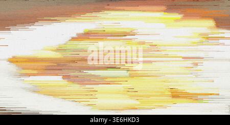 Une œuvre d'art numérique déformée avec un grand cercle jaune et orange sur un fond blanc avec une texture scintillante et des lignes de balayage horizontales Banque D'Images